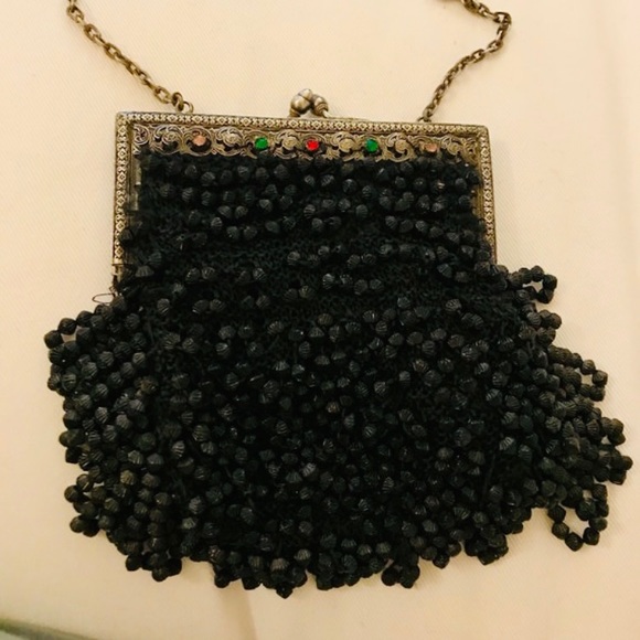 Flapper beaded black purse with Rhinestone silver frame &chain - Picture 4 of 6